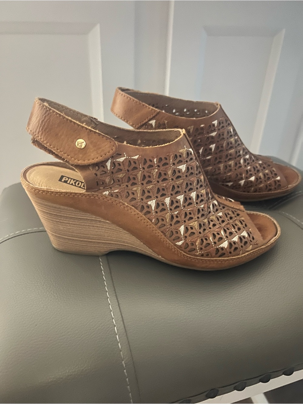 PIKOLINOS Tan Perforated Leather Wedge Sandals